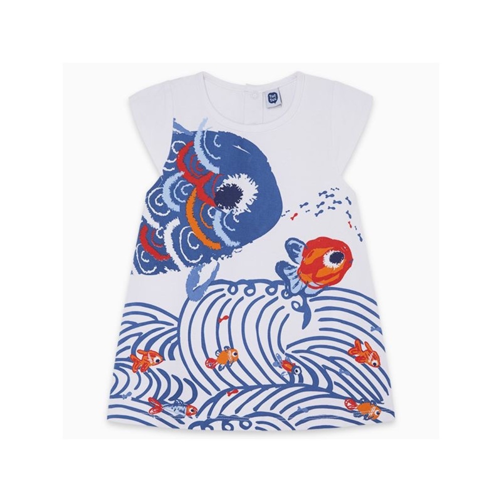 Kids Casual Dress with Fish Print - Blue and Orange